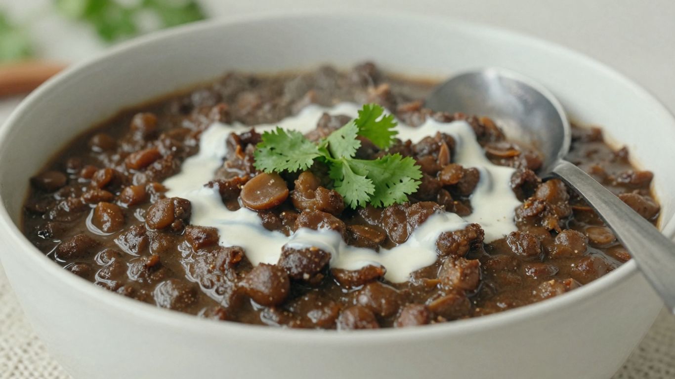 Steaming bowl of dal makhani with cream and cilantro.