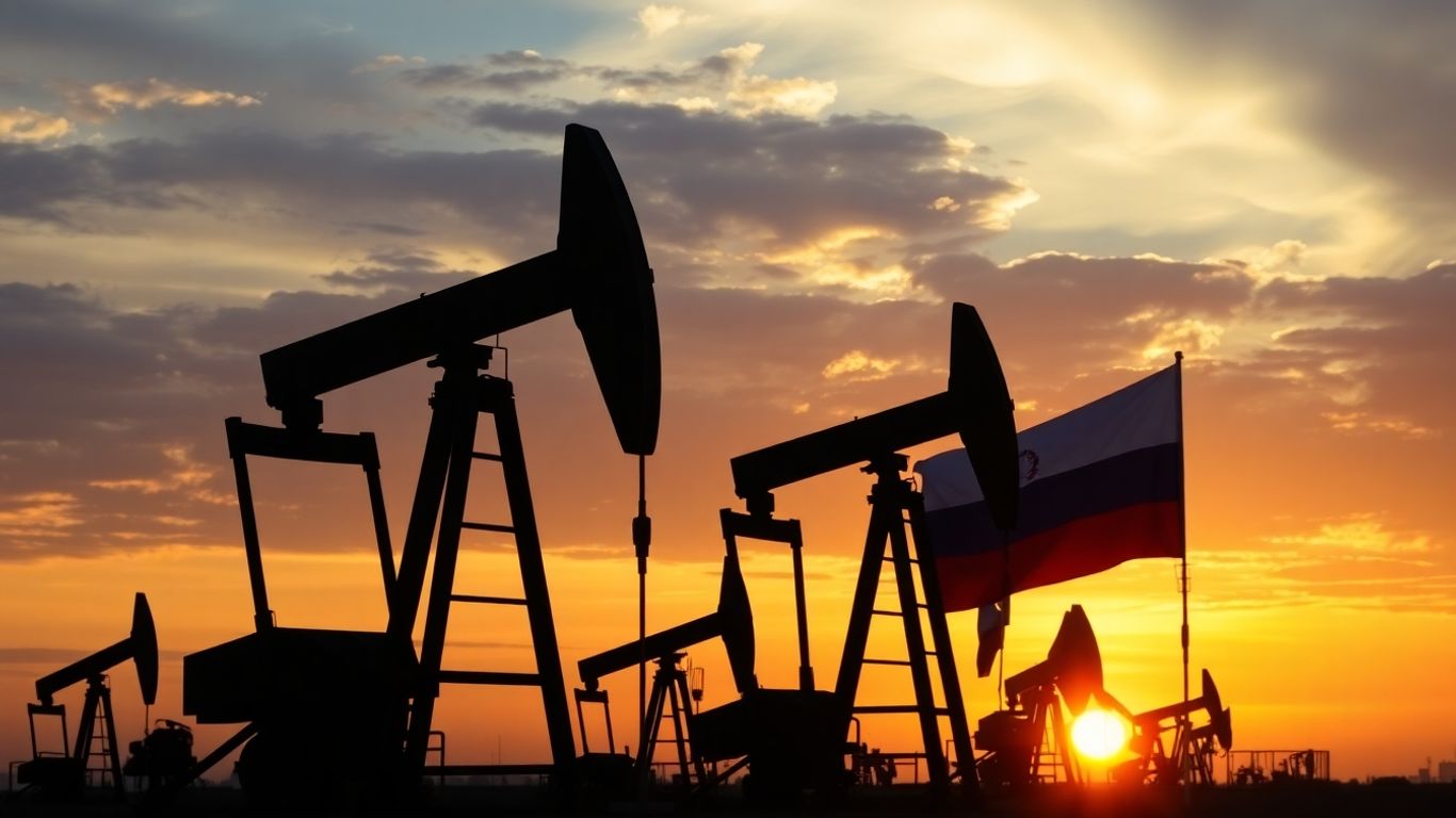 Pompes à pétrole, drapeaux saoudien et russe, ciel dramatique.
