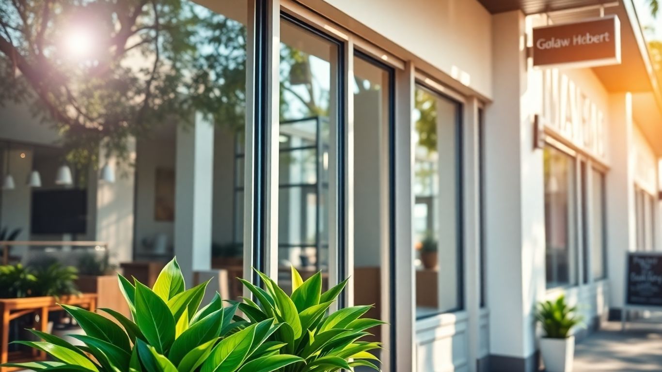 Modern business storefront with plants and a gleaming sign.