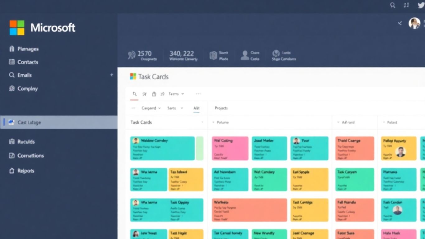 Microsoft Planner interface with colorful task cards and boards.