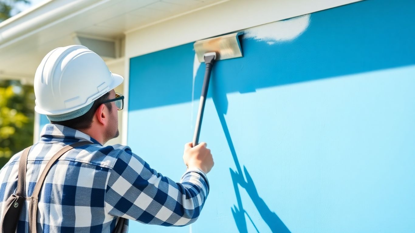 Painter applying blue paint to a house exterior.