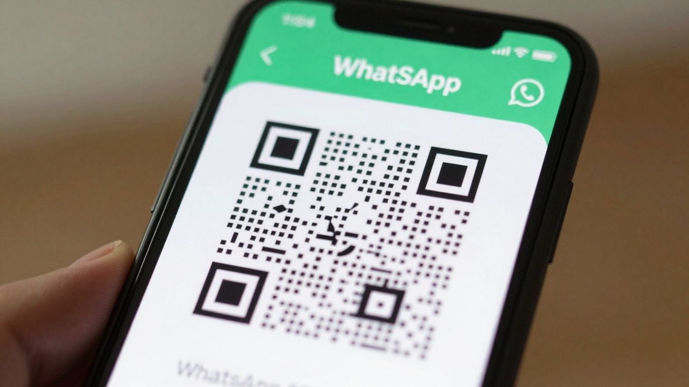 Smartphone showing WhatsApp QR code for sharing.