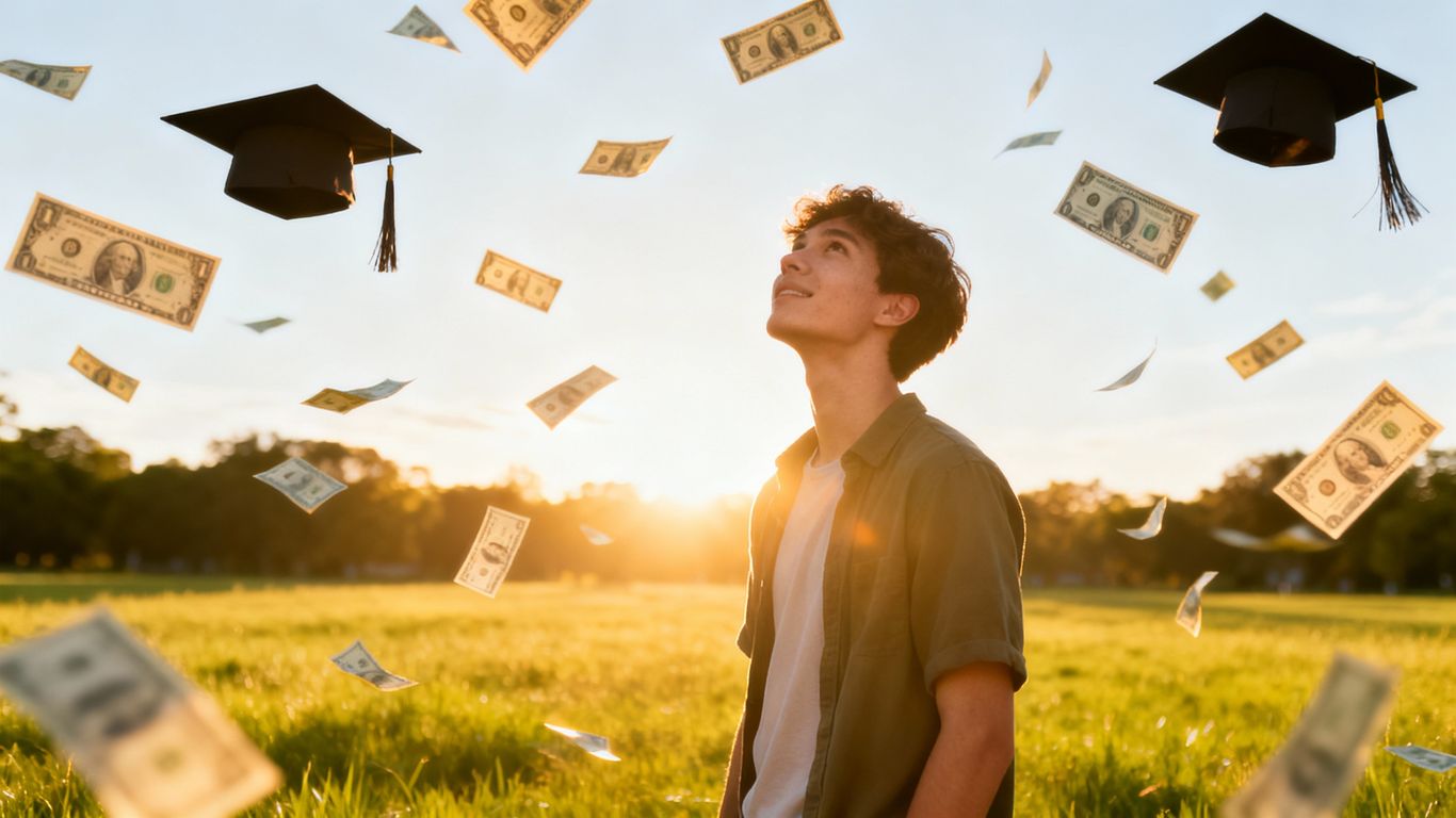 Student reaching for floating money and graduation caps.