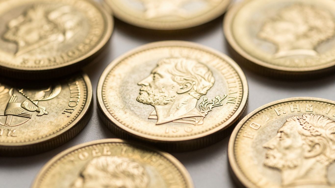 Moedas de ouro brilhantes com gravuras detalhadas.