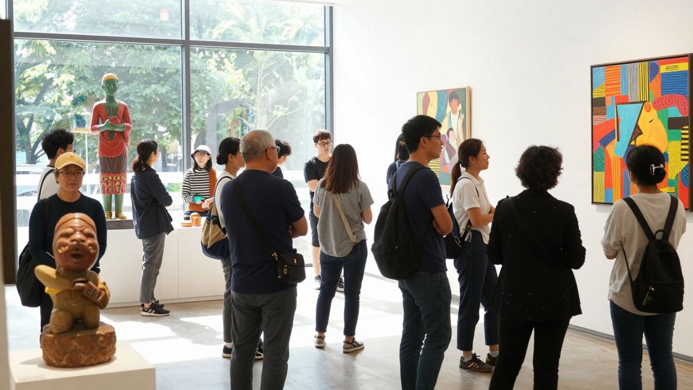 Oameni interacționând cu exponate culturale într-un spațiu public.