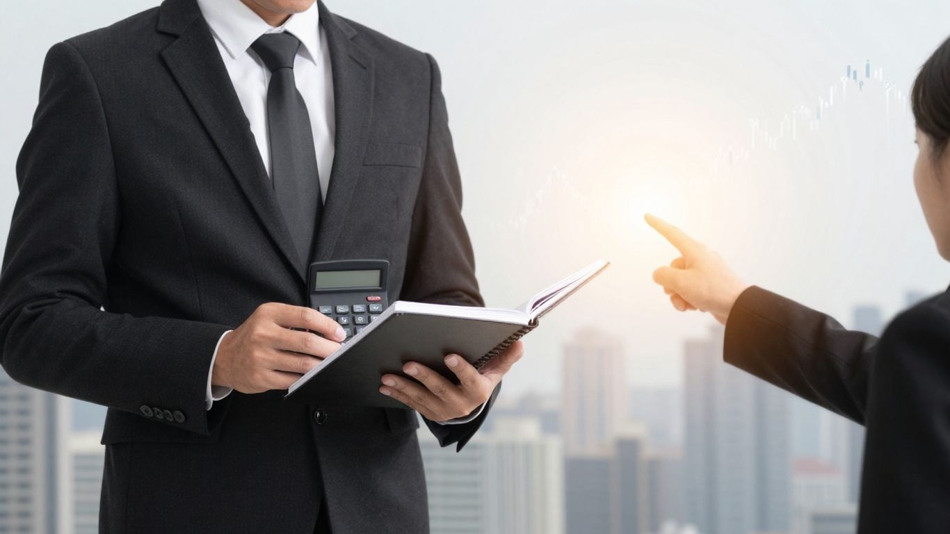 Accounting and finance professionals with financial charts and cityscapes.