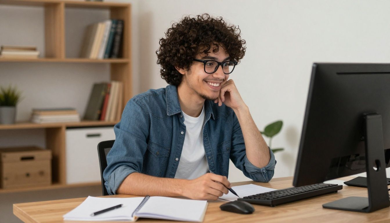 Profissional feliz estudando em casa rodeado de materiais e computador, simbolizando transformação de carreira por meio de cursos profissionalizantes