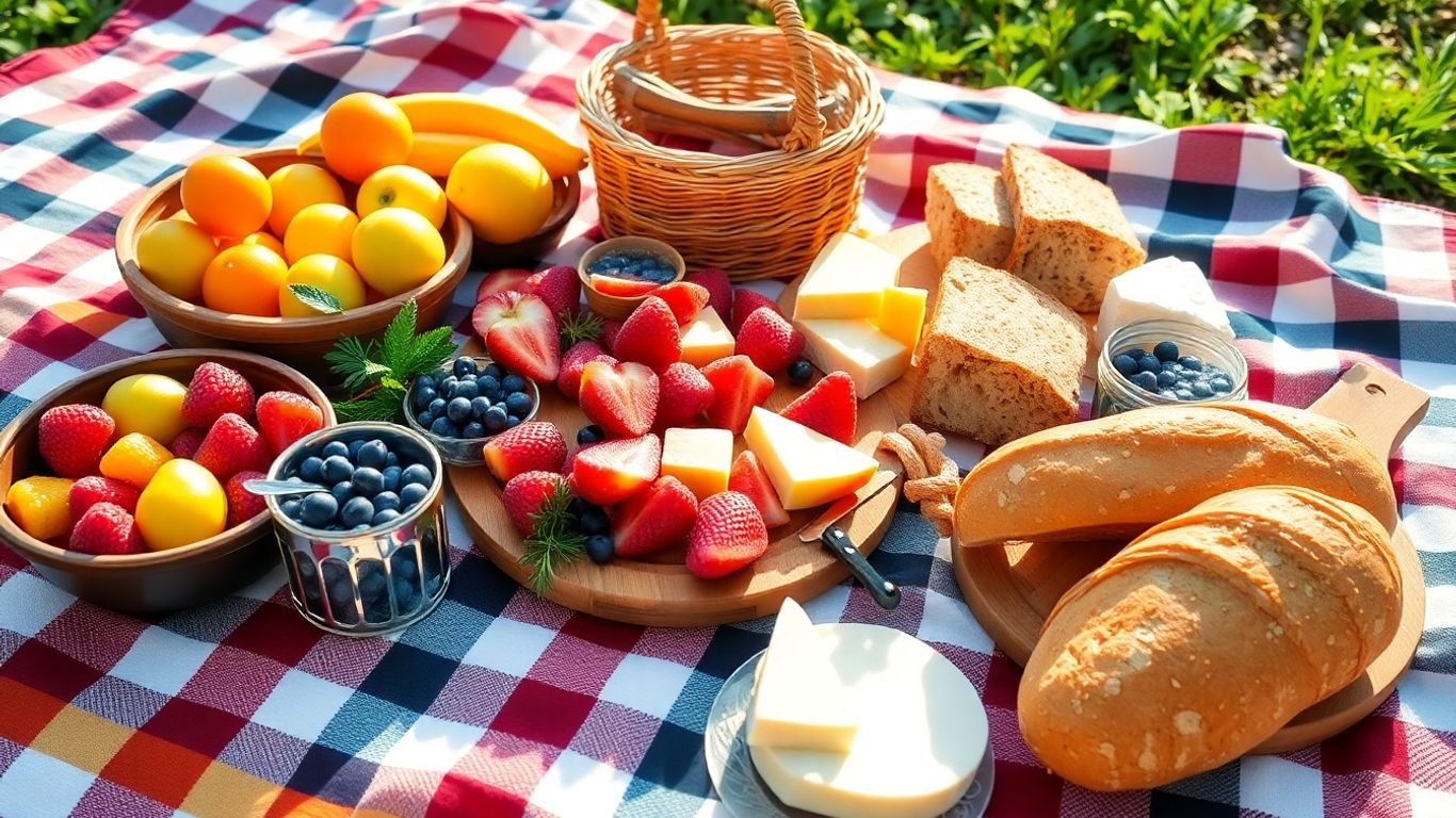 Masa festivă în aer liber cu fructe și pâine.