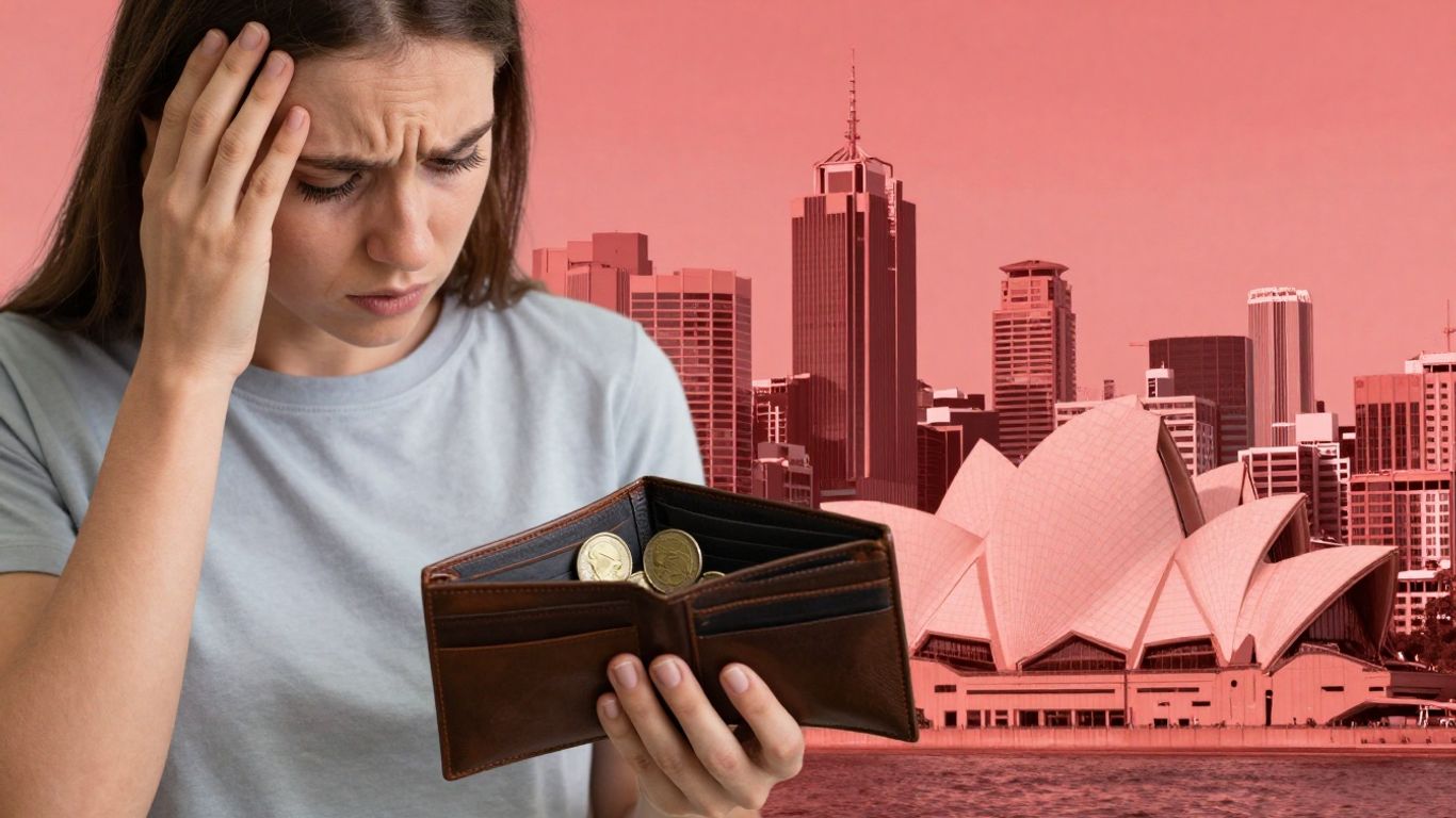 Australian cityscape and person looking at empty wallet.
