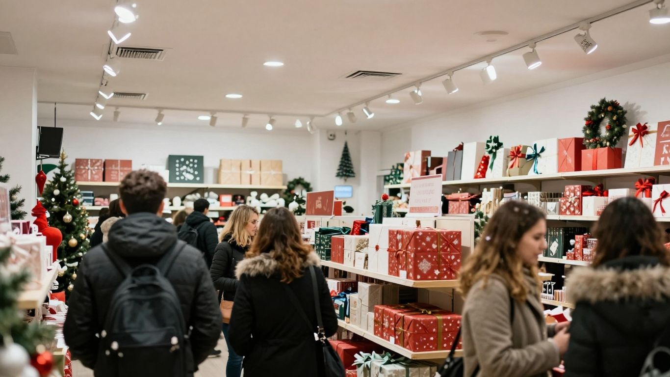 Holiday shoppers browsing a festive retail store