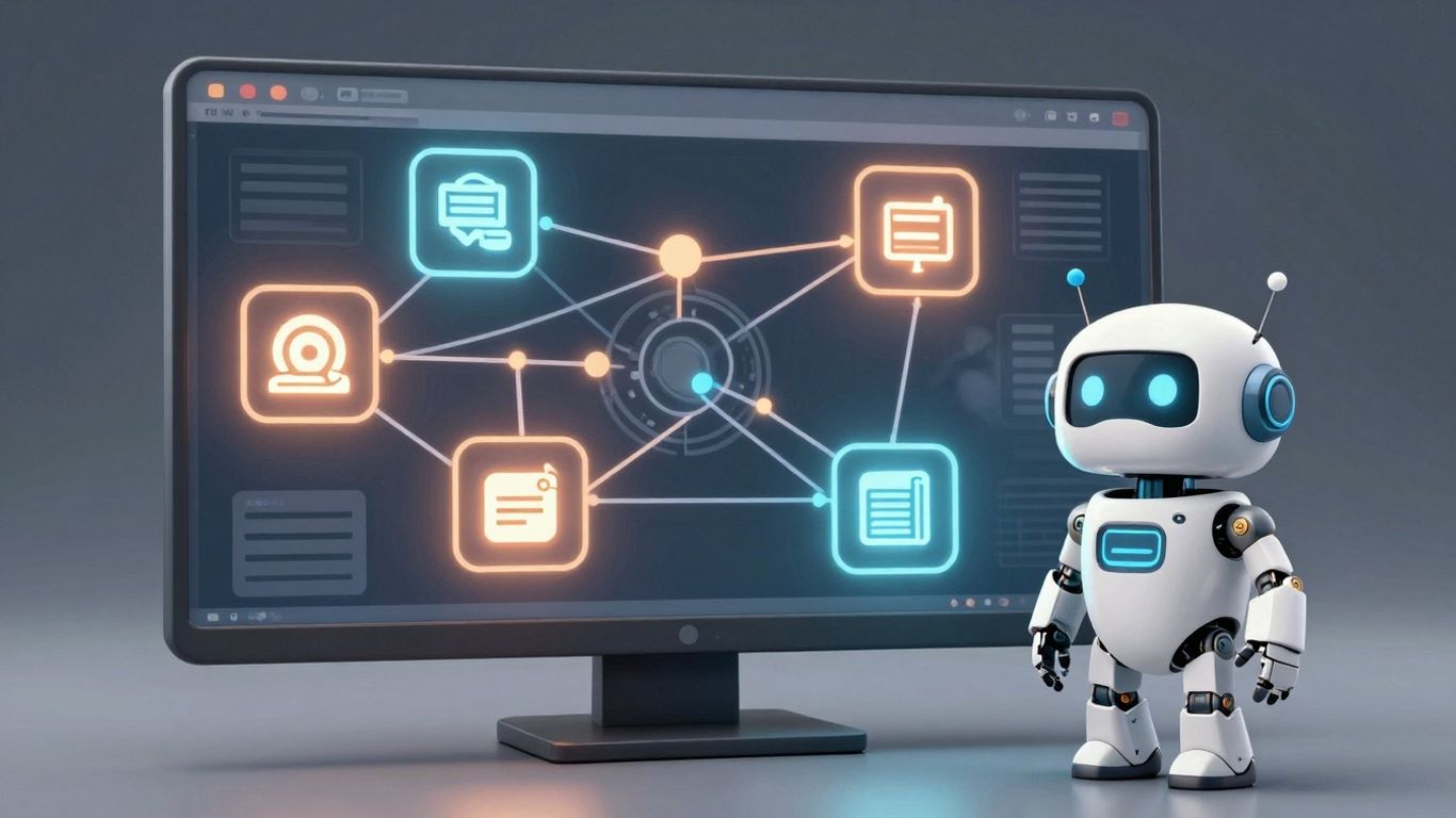 Microsoft IT support infographic with computer and robot.