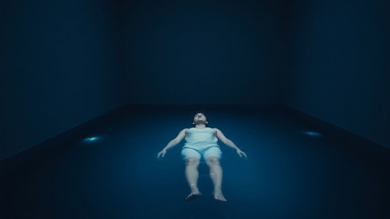 Person floating in a dark floatation tank.
