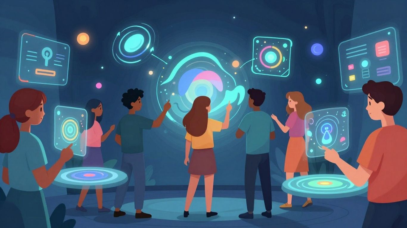 People interacting with futuristic AI chat interfaces.