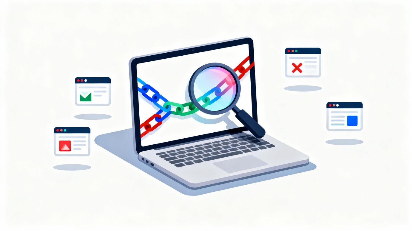 Laptop with backlink chains and website icons illustration