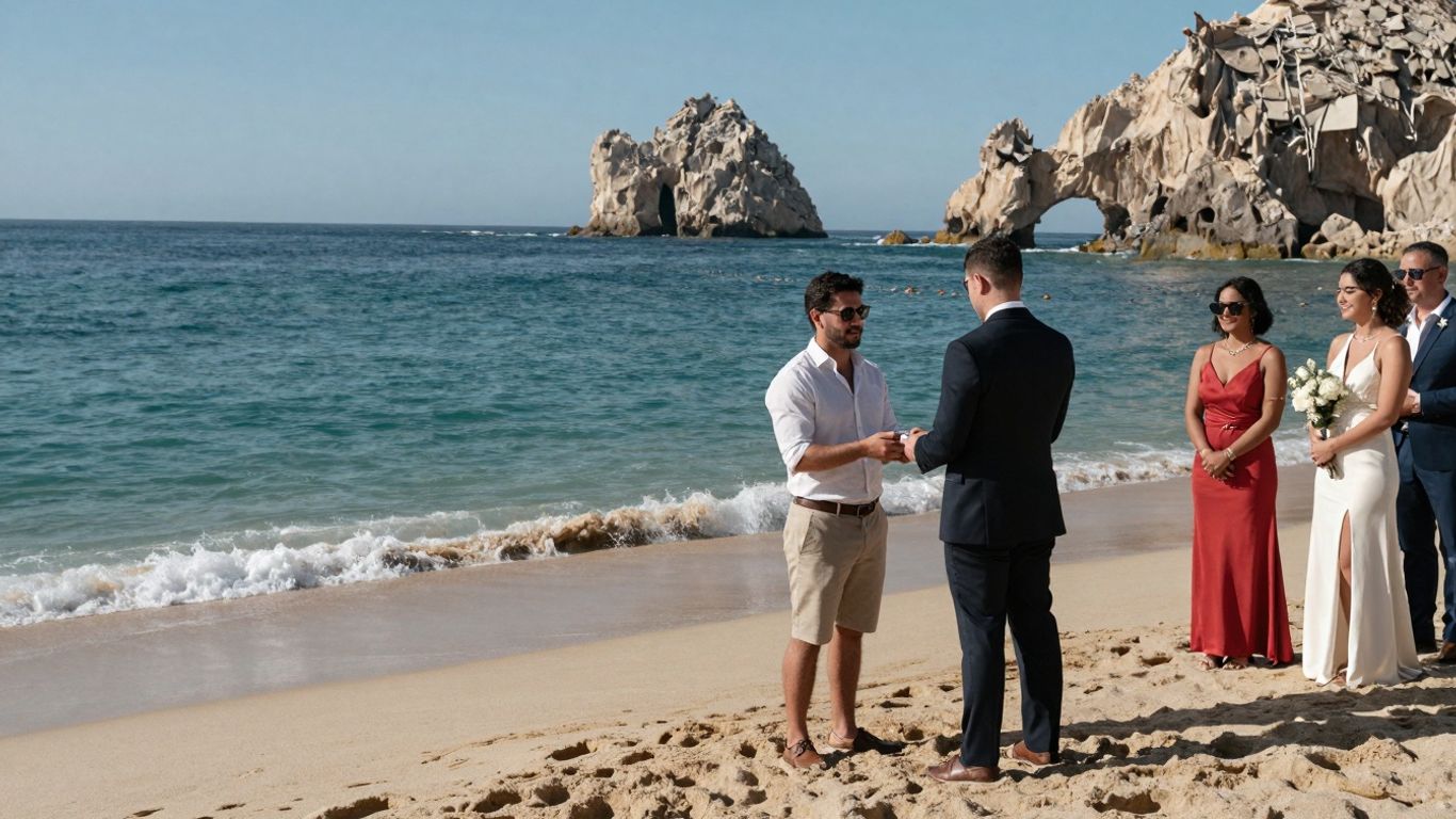 Couple's intimate beach wedding ceremony in Cabo with guests.