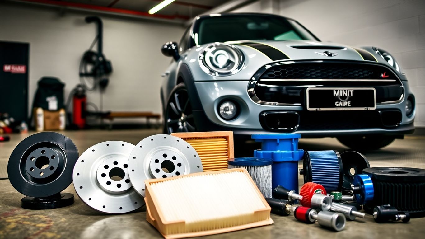 Mini Cooper in garage with car parts layed out