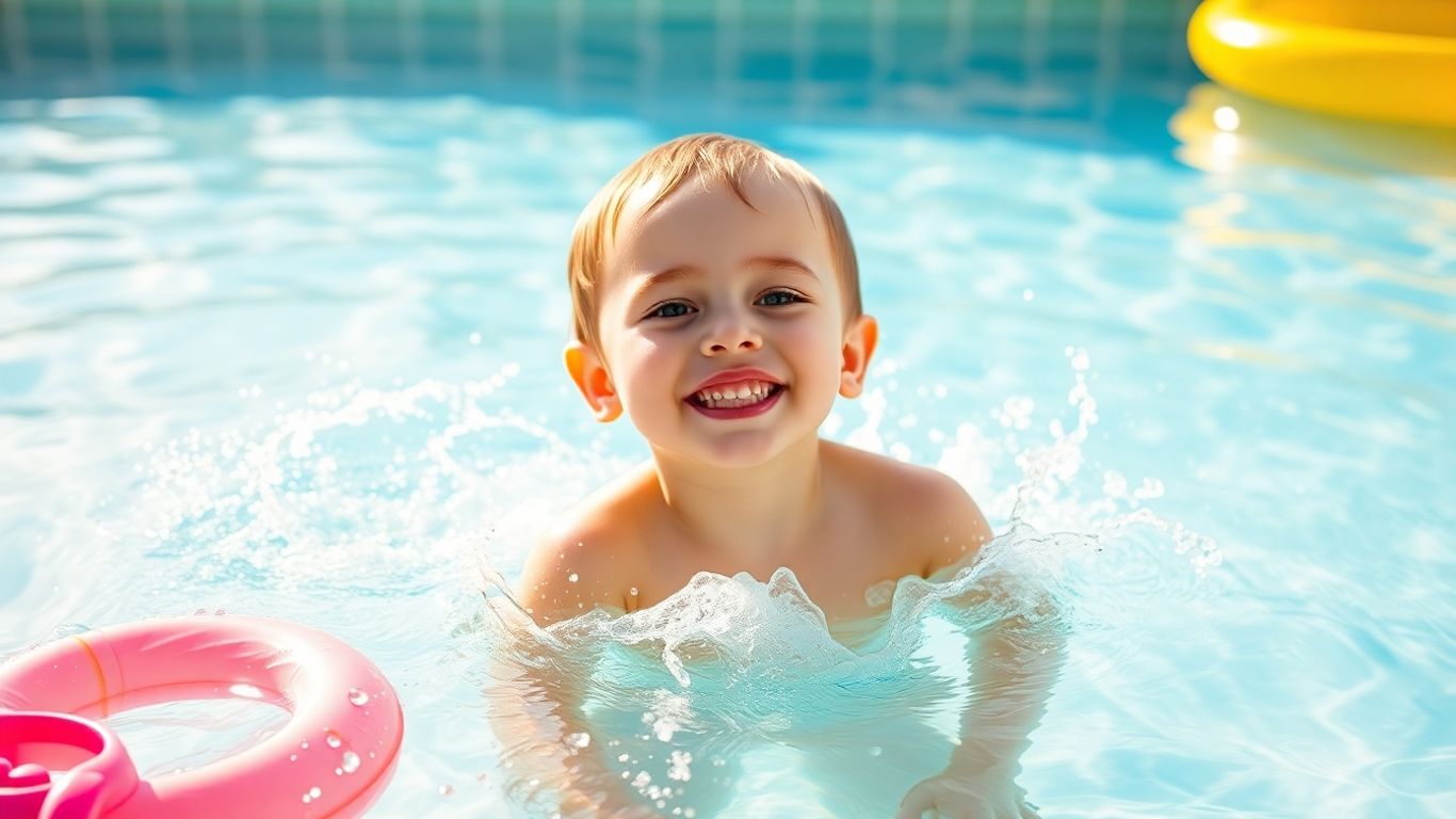 Kind planscht im Wasser mit Spielzeug