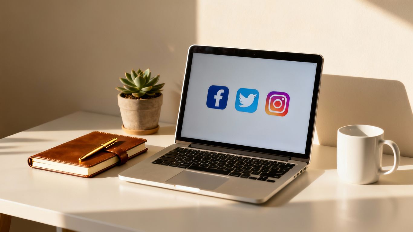 Desk with laptop showing social media icons and notebook.