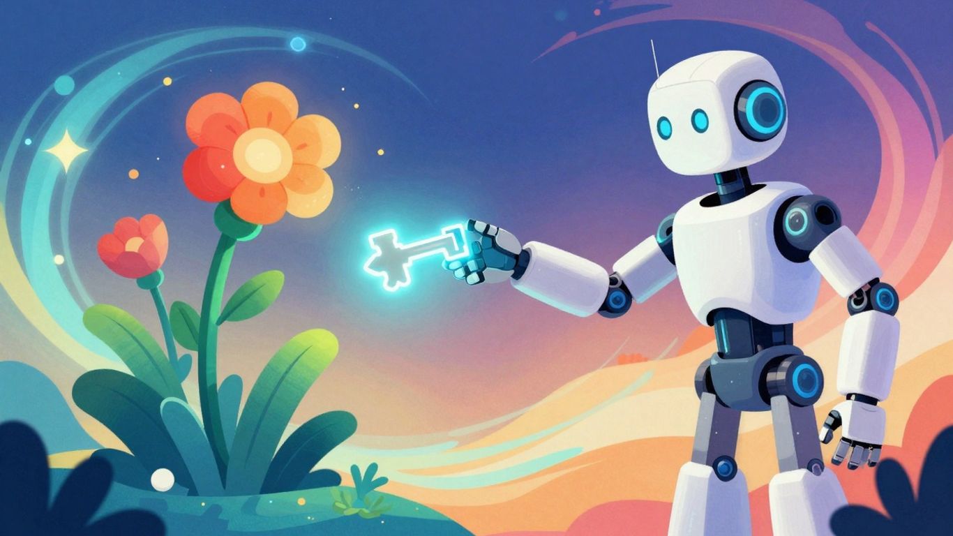 Robot arm offering a glowing key to a growing plant.