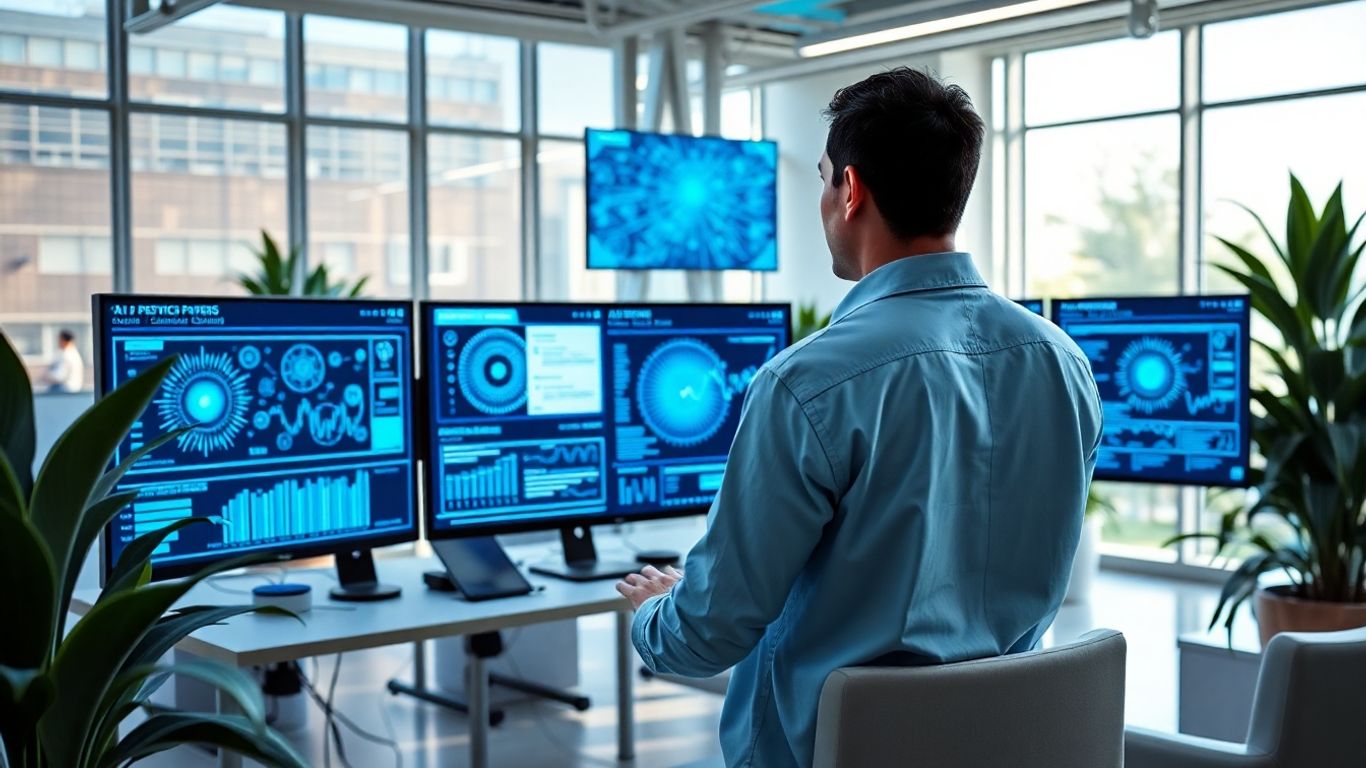 Professionnel analysant des données SEO sur écran grâce à l’IA