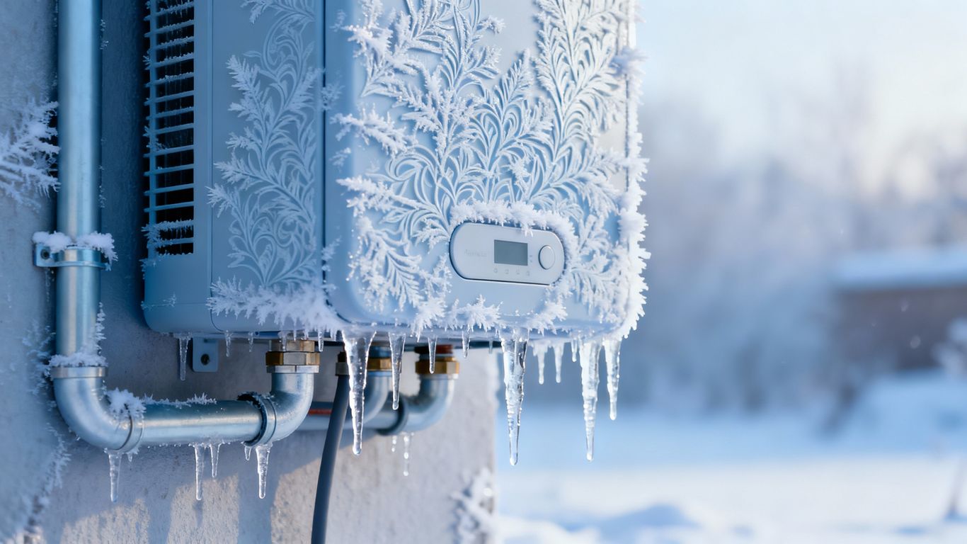 Water heater in cold weather with frost and icicles.