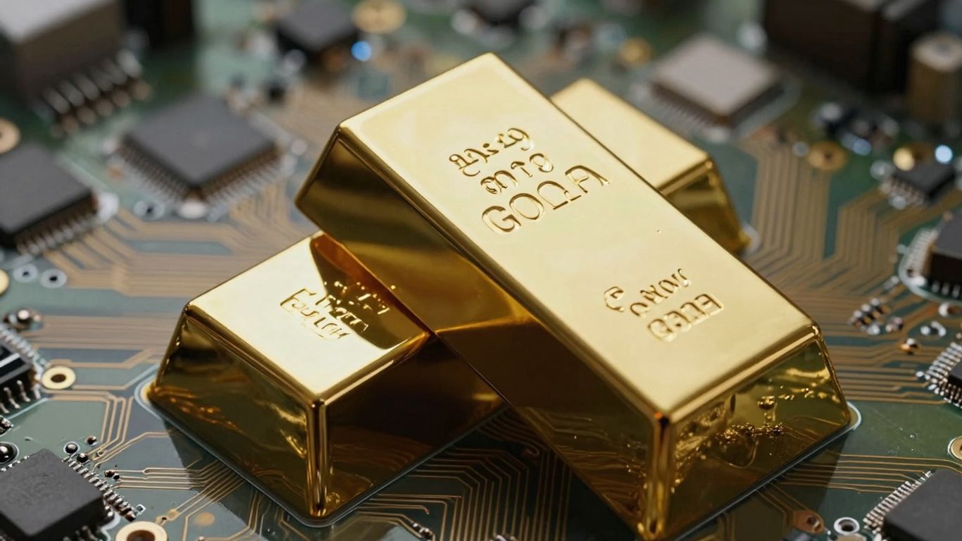 Goldbarren vor dem Hintergrund digitaler Schaltkreise.