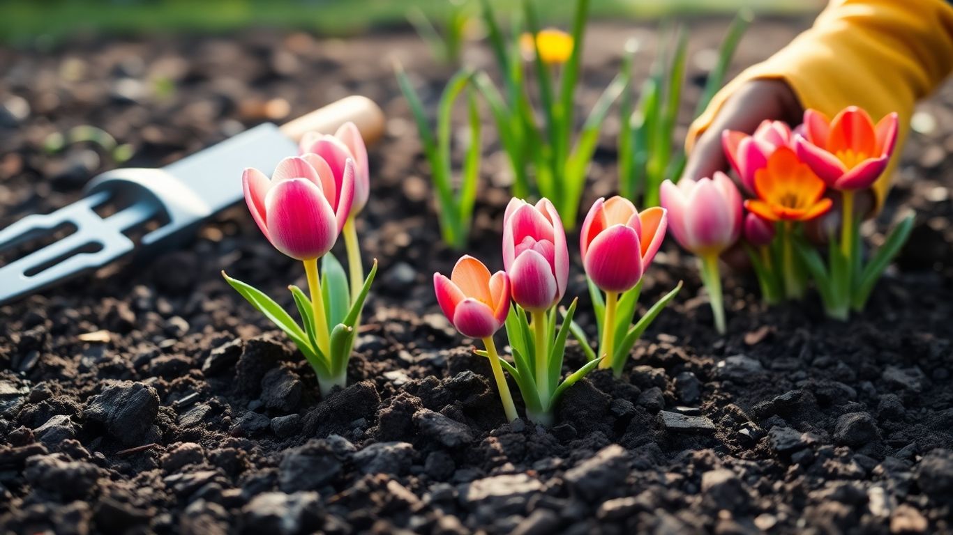 Blumenzwiebeln werden im Gartenboden eingepflanzt im Frühling
