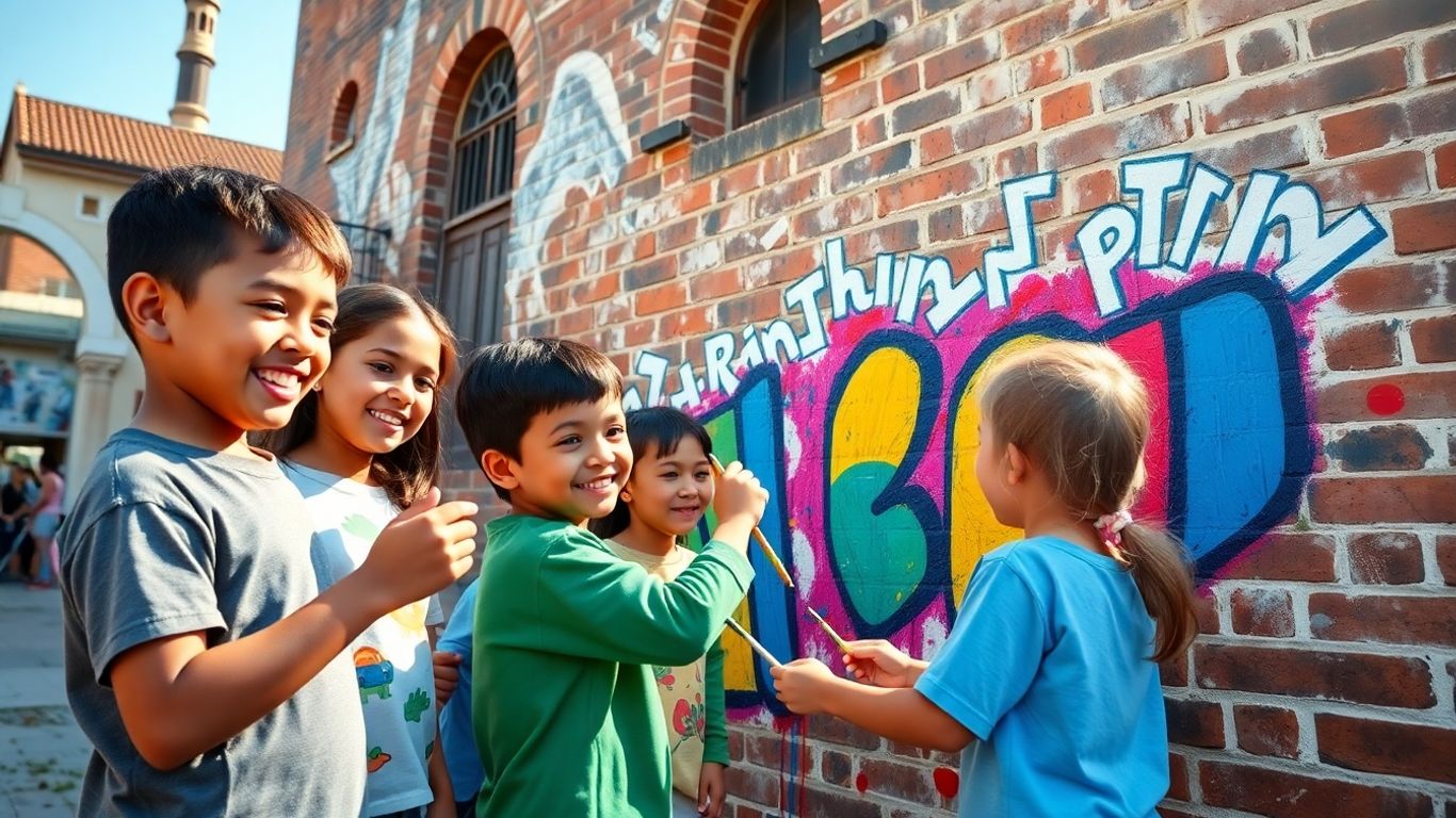 Copii pictând un mural comunitar istoric