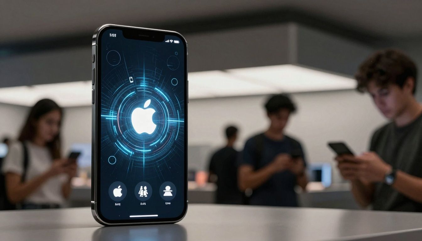Apple store with AI interface on iPhone, conveying competition.