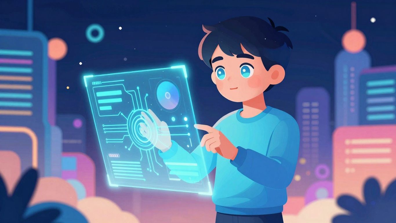 Futuristic AI cityscape with glowing circuits and avatar.