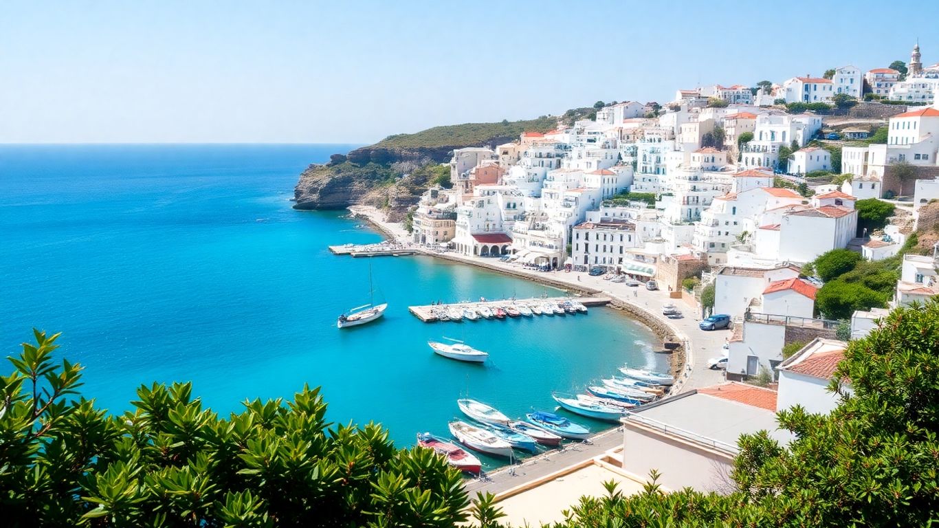 Whitewashed buildings on a Portuguese coast with fishing boats.