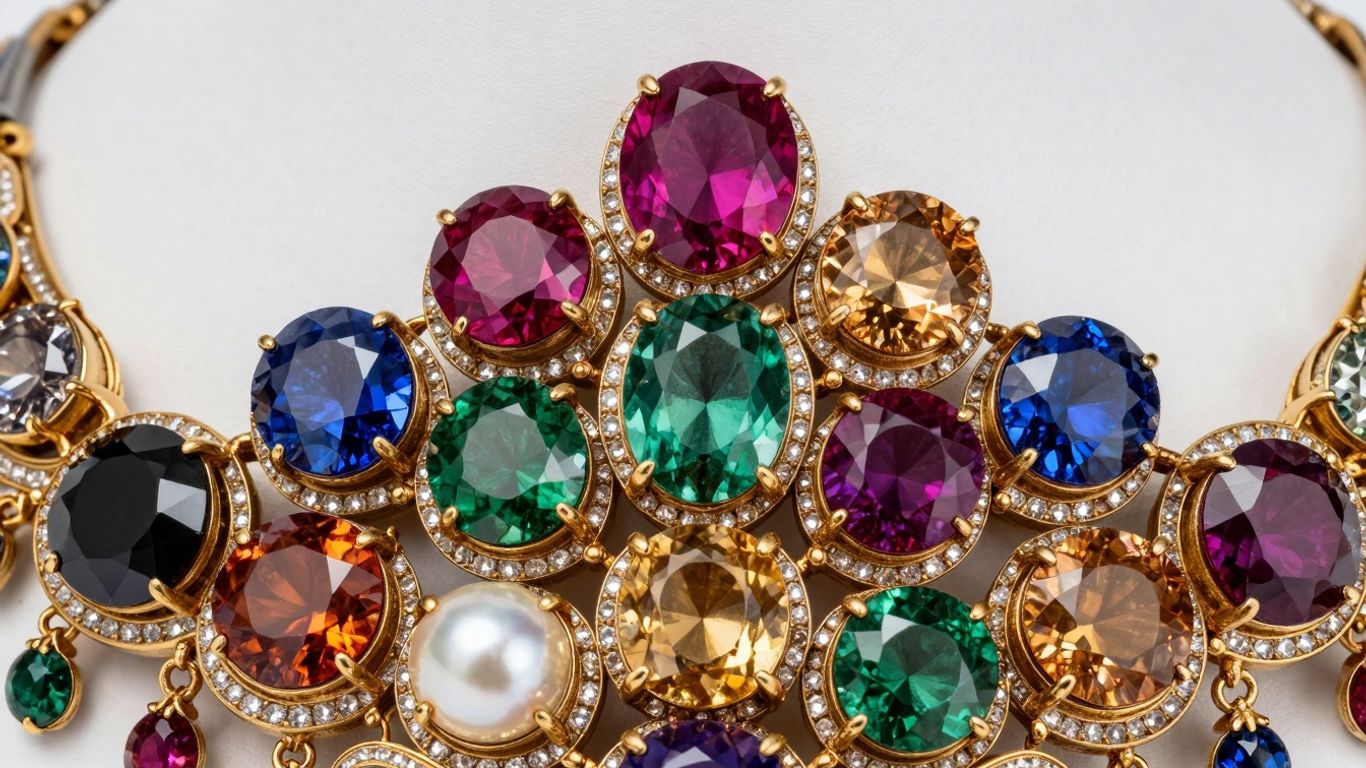 Navaratna necklace with nine colorful gemstones.