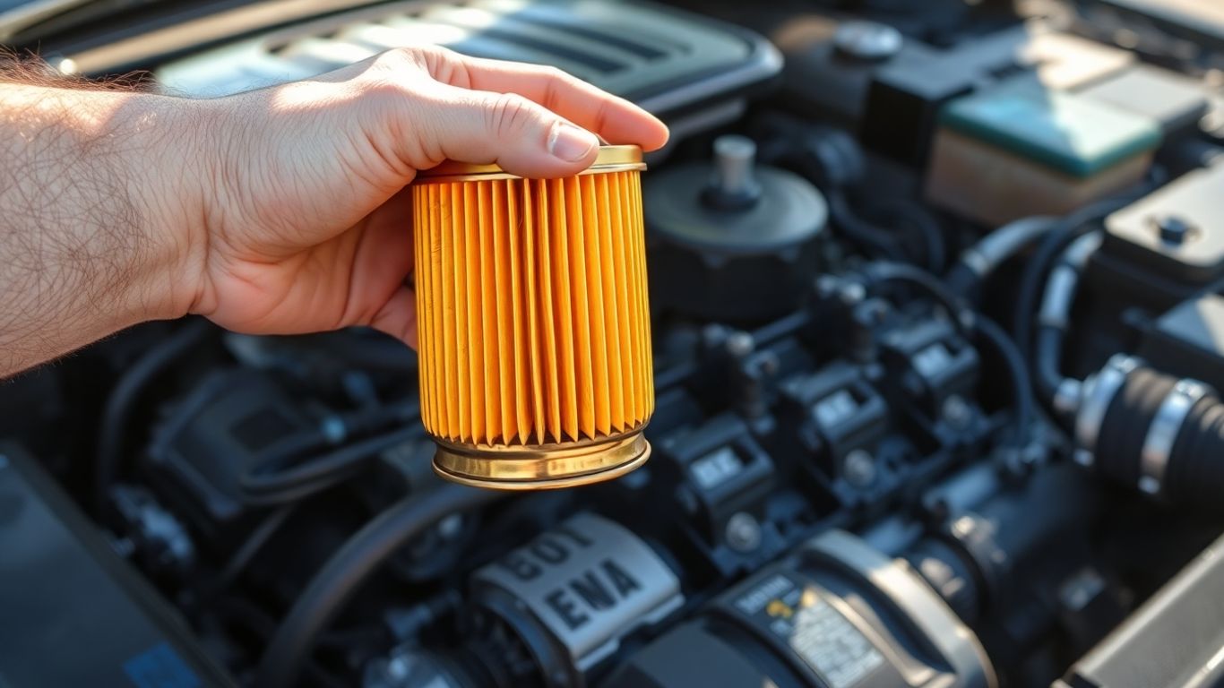 Car engine with oil filter and mechanic's hand.