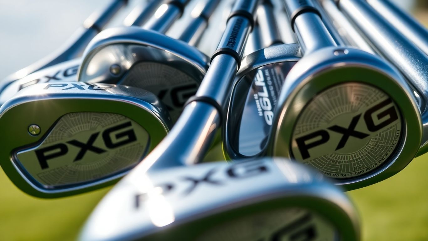 PXG golf clubs with polished metal finishes and detailed sole designs.