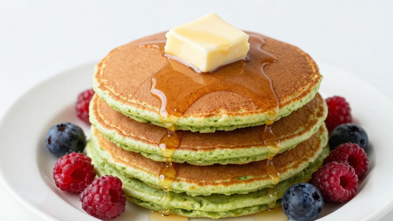 Stack of green pancakes with syrup and berries.
