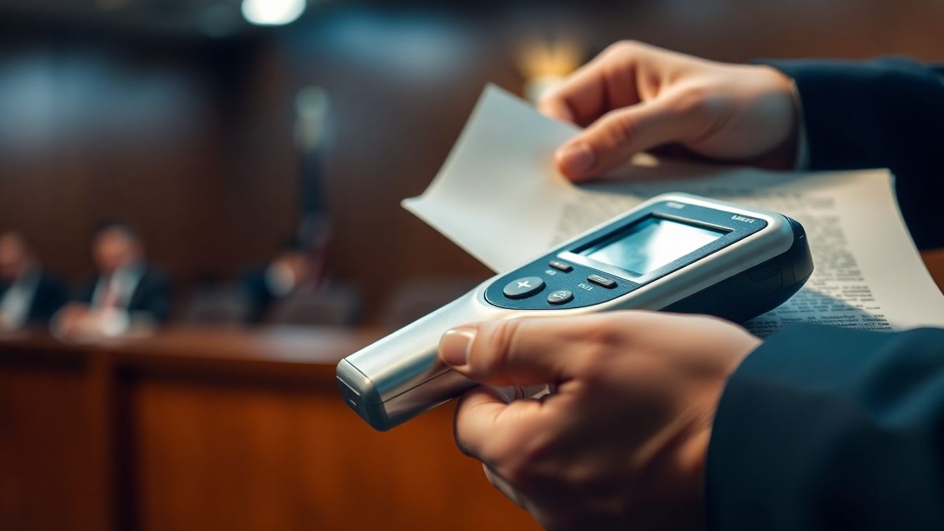 Breathalyzer device and legal document in a courtroom.