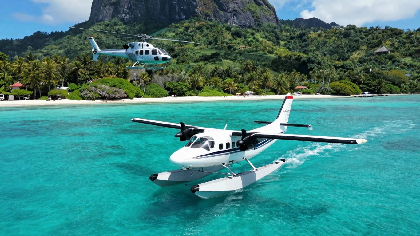 Seaplane landing near island, helicopter over mountains.