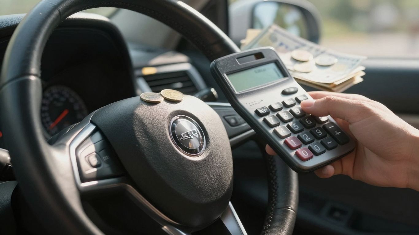 Car steering wheel, calculator, and money for finance payment.