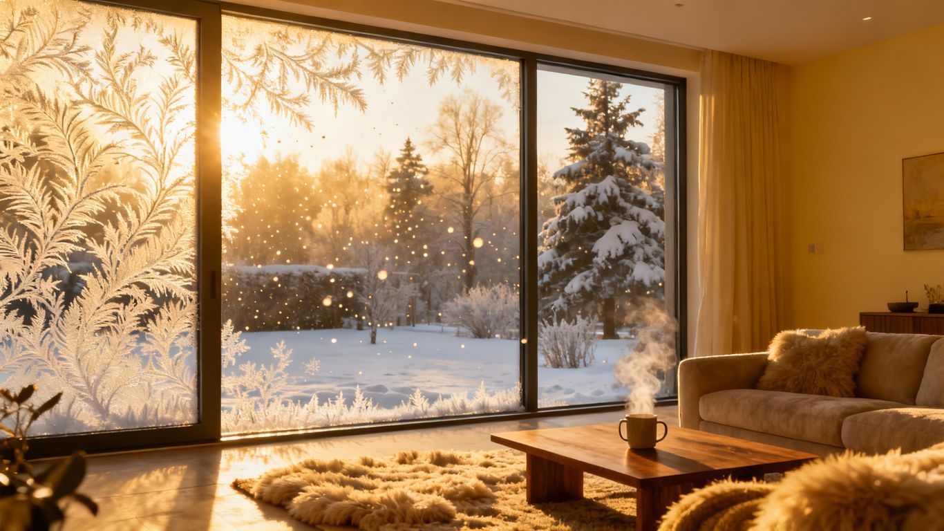Frosty window with snowy view, sunlight streaming in.