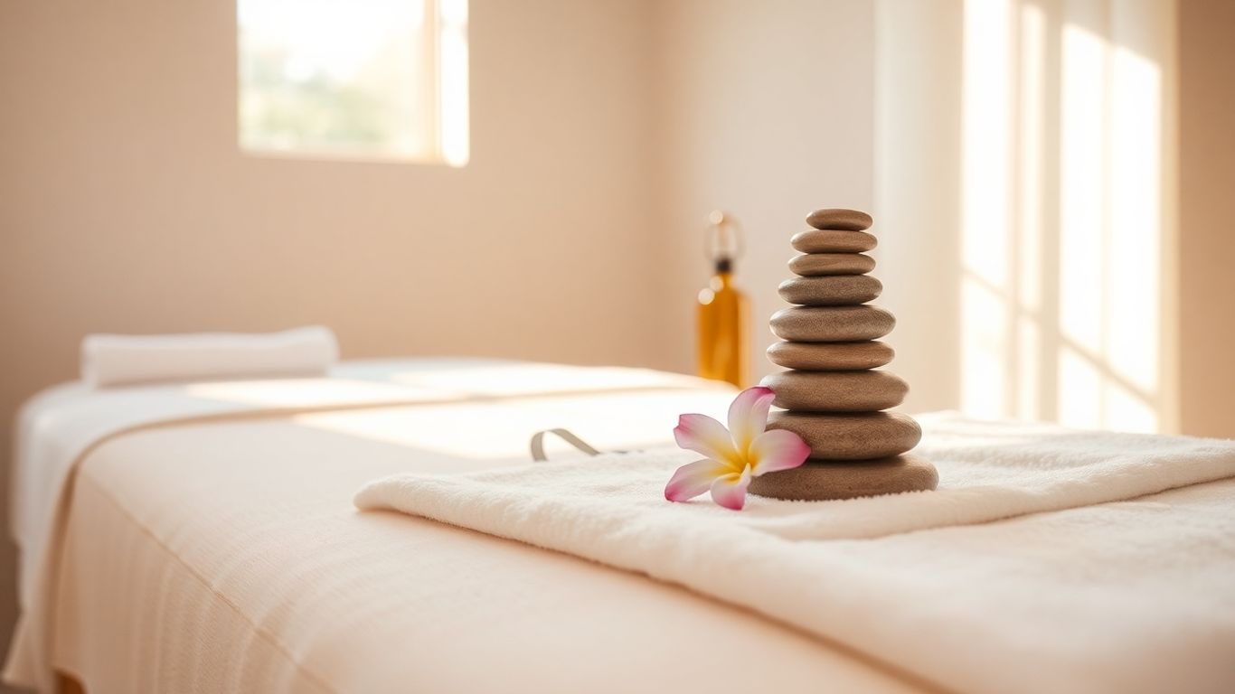 Serene spa room with massage table and aromatic oils.