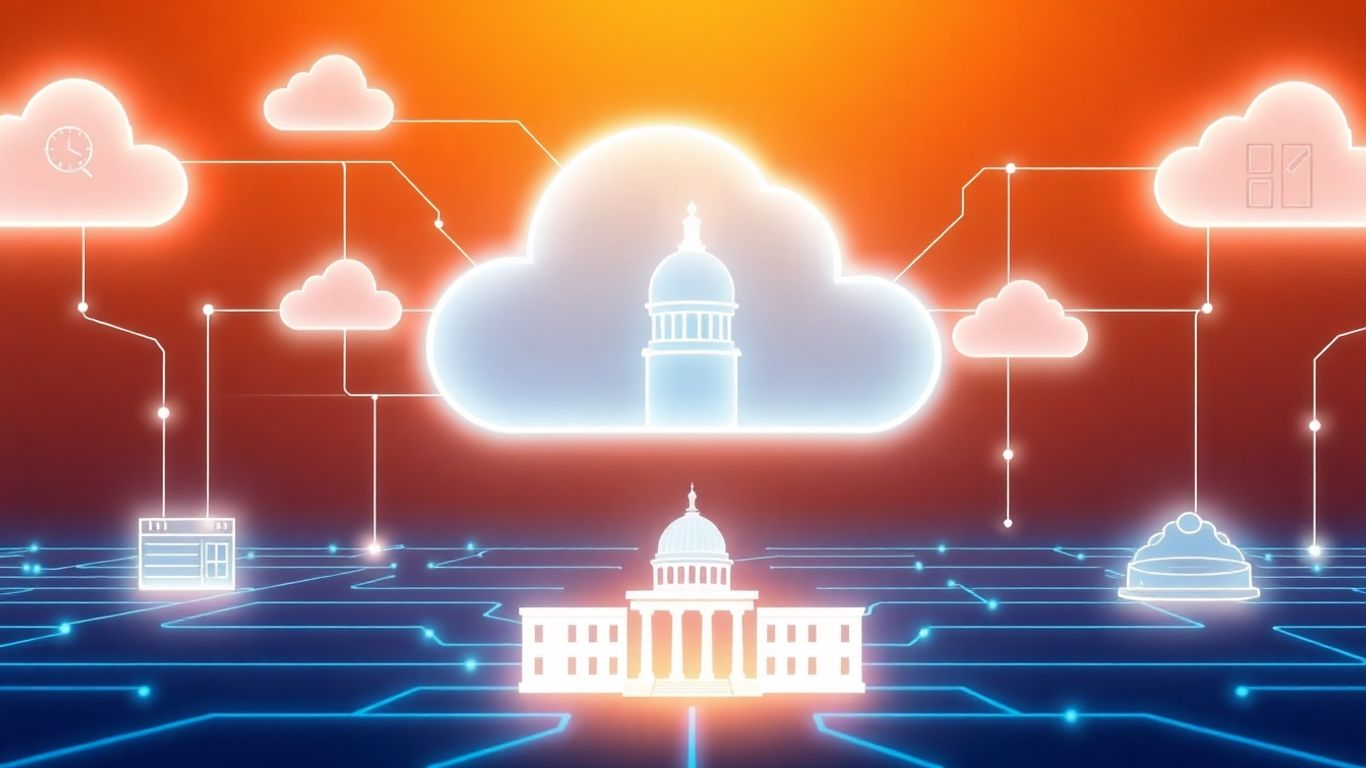 Government cloud services infographic with digital clouds and buildings.
