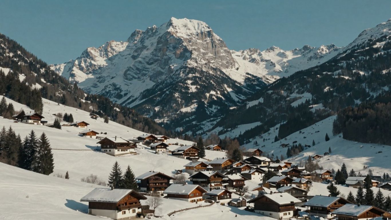 Snowy Austrian mountains above a village.
