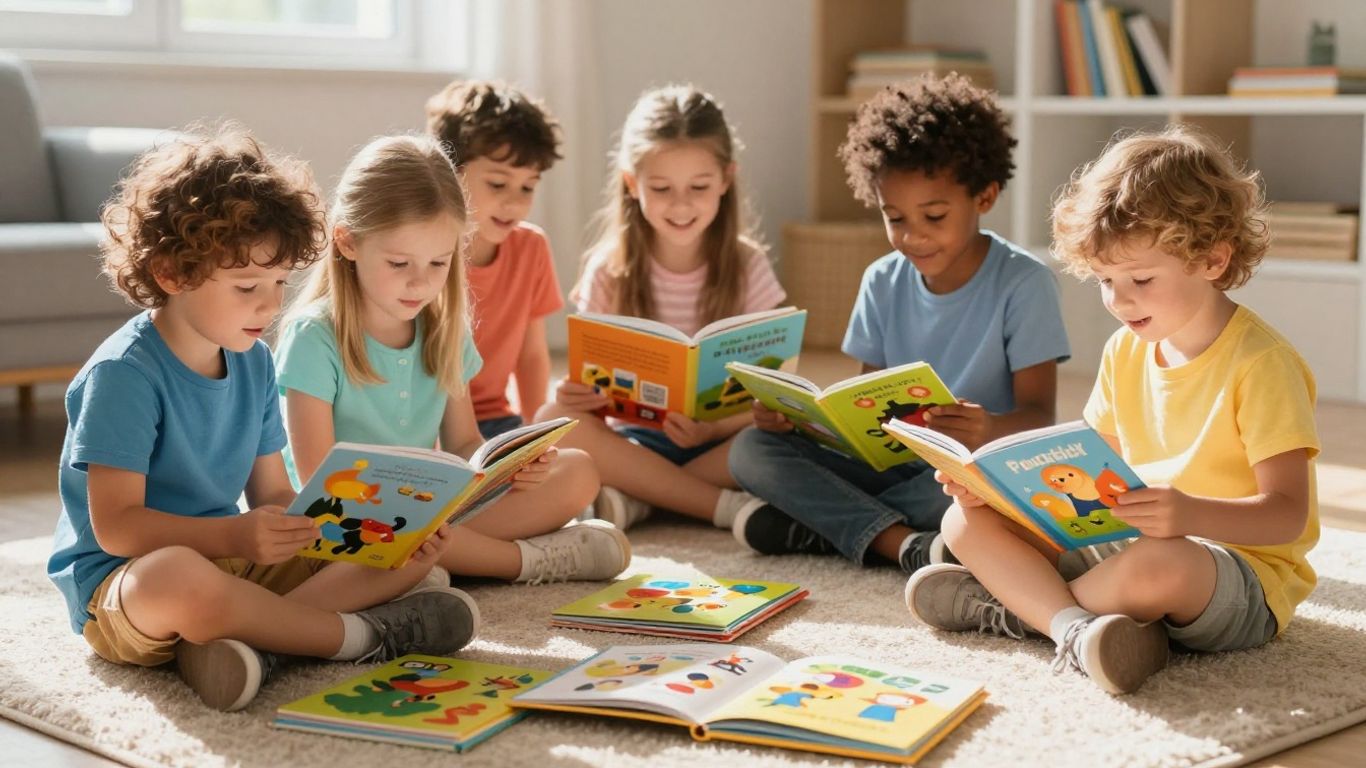 Young children reading colourful books on a rug.
