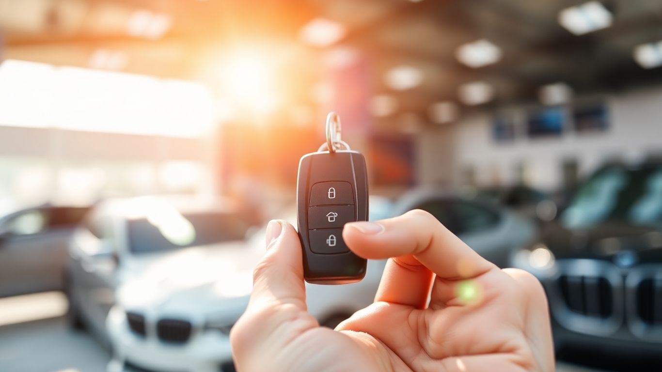 Person holding car key, new car purchase