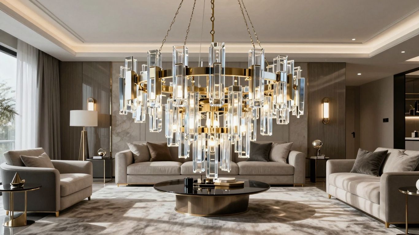Modern chandelier illuminating a stylish living room ambiance.