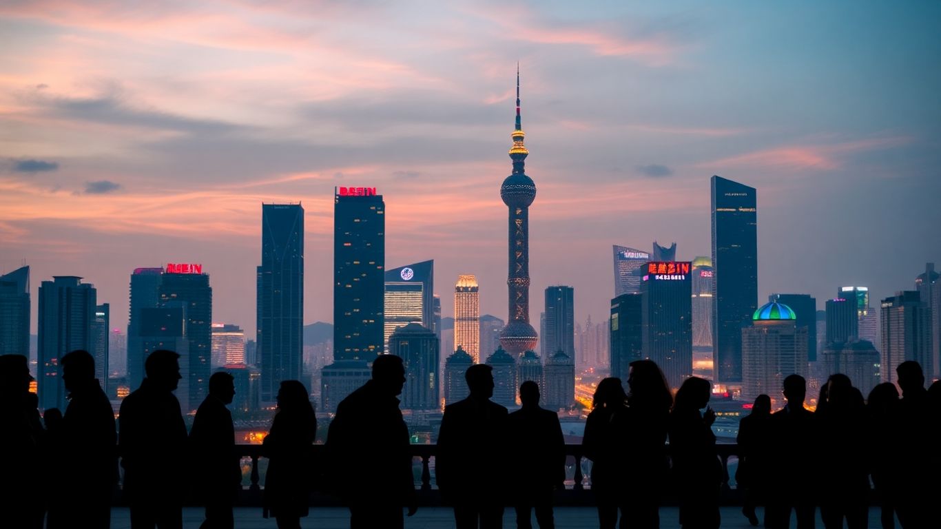 Beijing skyline with professionals networking at dusk.