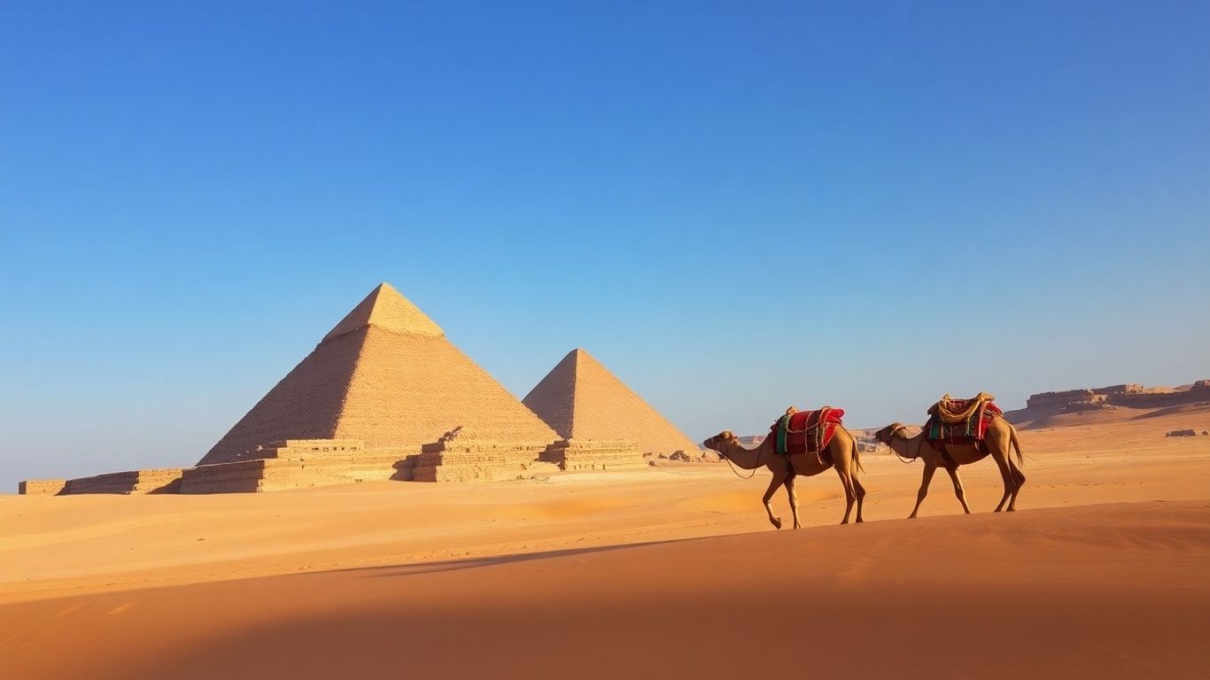 Pyramids of Giza with camels in the desert.