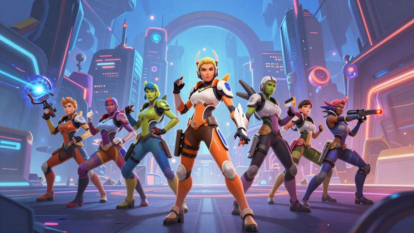 Overwatch heroes in action, vibrant game art.