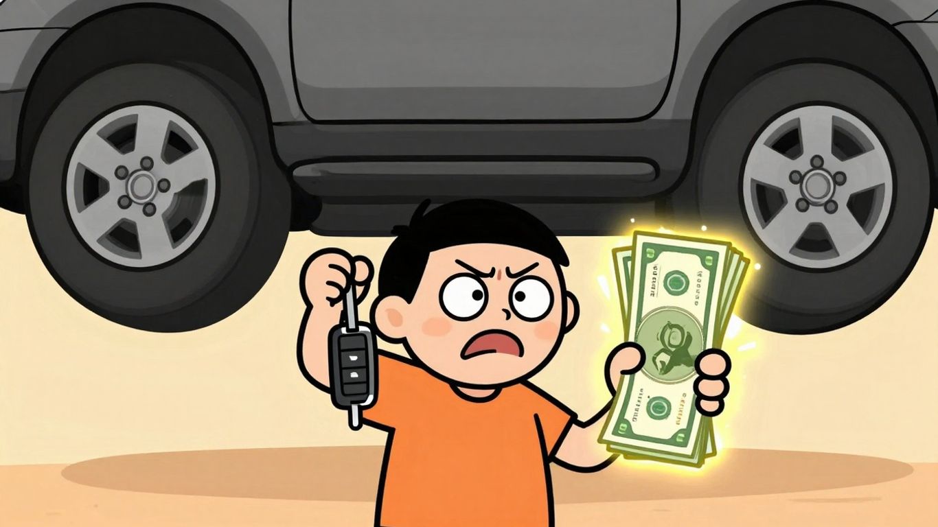 Cartoon character getting a personal loan to fix upside-down car loan.