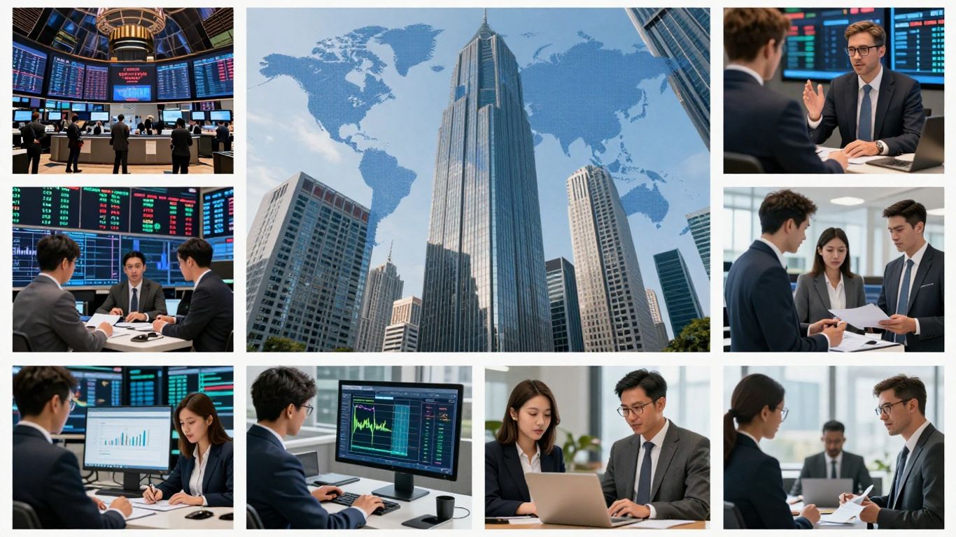 Diverse financial activities and global finance concepts.